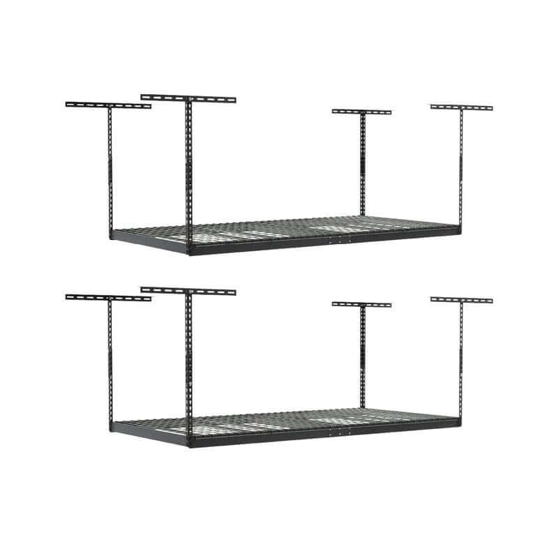 SafeRacks 4' x 8' overhead storage rack set with adjustable height and industrial-strength steel for garage organization.