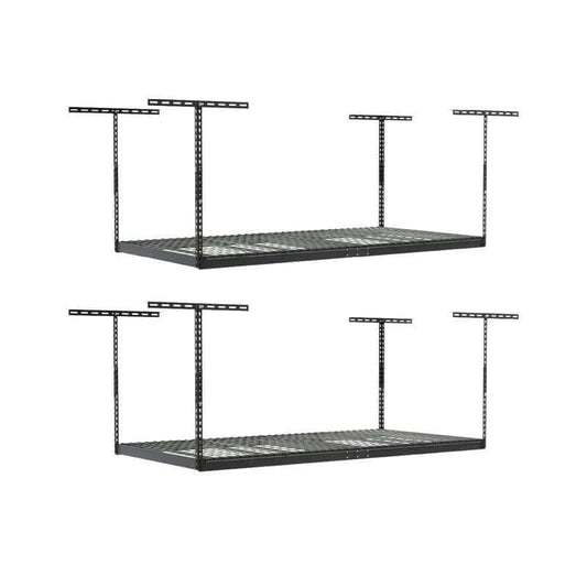 SafeRacks 4' x 8' overhead storage rack set with adjustable height and industrial-strength steel for garage organization. 