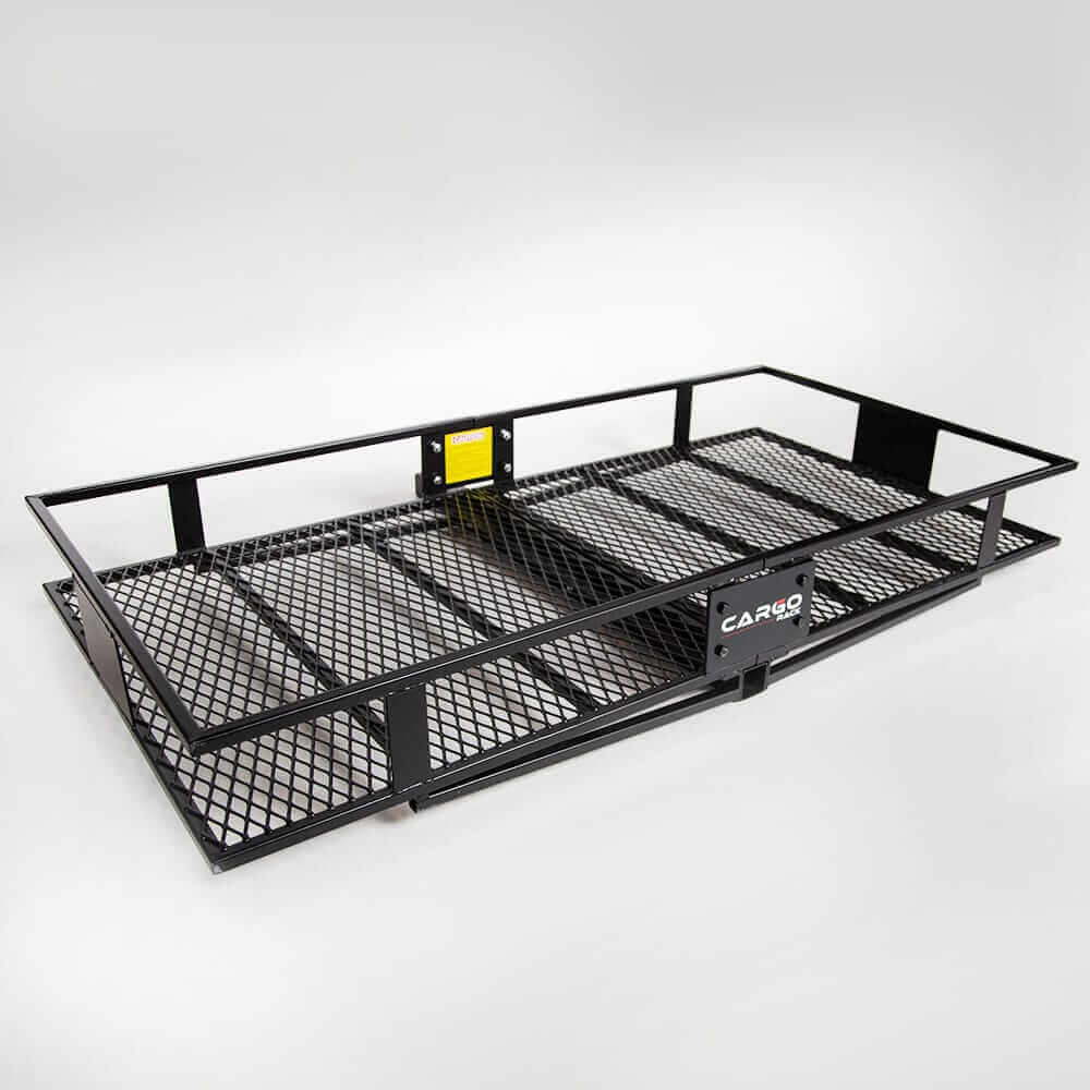 Cargo rack with mesh design for secure overhead storage, compatible with various vehicle hitch receivers.