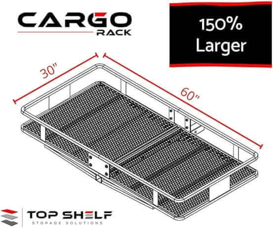 Illustration of Top Shelf Storage Solutions' Cargo Rack, measuring 30" x 60", 150% larger capacity.