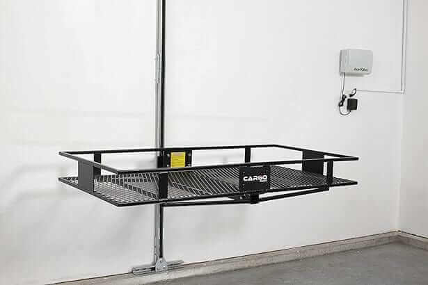 Motorized overhead storage lift for bikes and gear, offering convenient garage organization without a ladder.