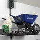 Kobalt wheelbarrow and bags stored on a motorized overhead lift by Top Shelf Storage Solutions.