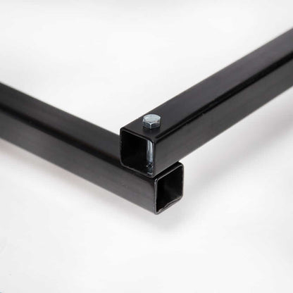 Close-up of the black metal frame connection in Top Shelf Storage Solutions for motorized overhead storage.