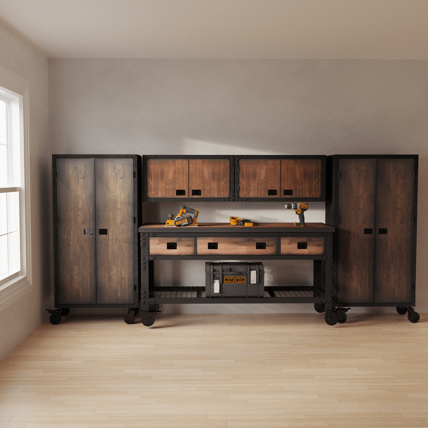 Duramax 5-Piece Garage Storage Combo Set w/ Workbench, Wall Cabinets and Free Standing Cabinets 5P1WB2WC2FC