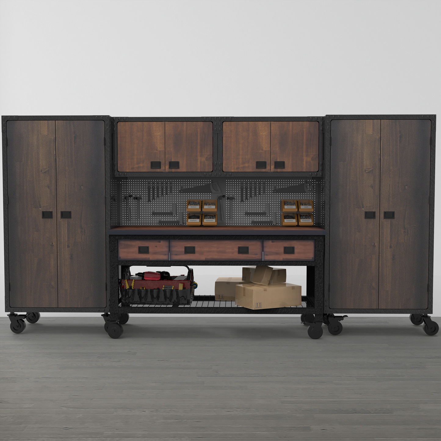 Duramax 5-Piece Garage Storage Combo Set w/ Workbench, Wall Cabinets and Free Standing Cabinets 5P1WB2WC2FC