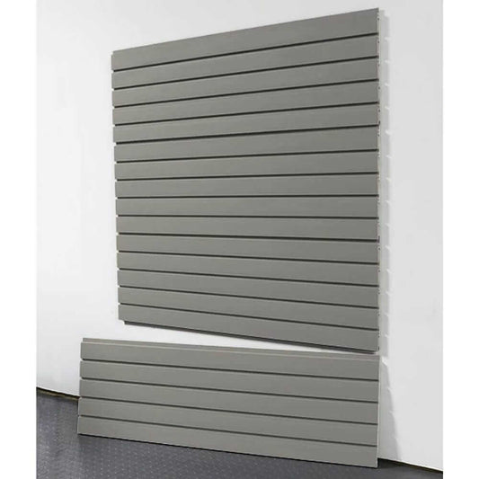 storeWALL 4' heavy duty slatwall panels in gray, ideal for garage organization and storage solutions. 