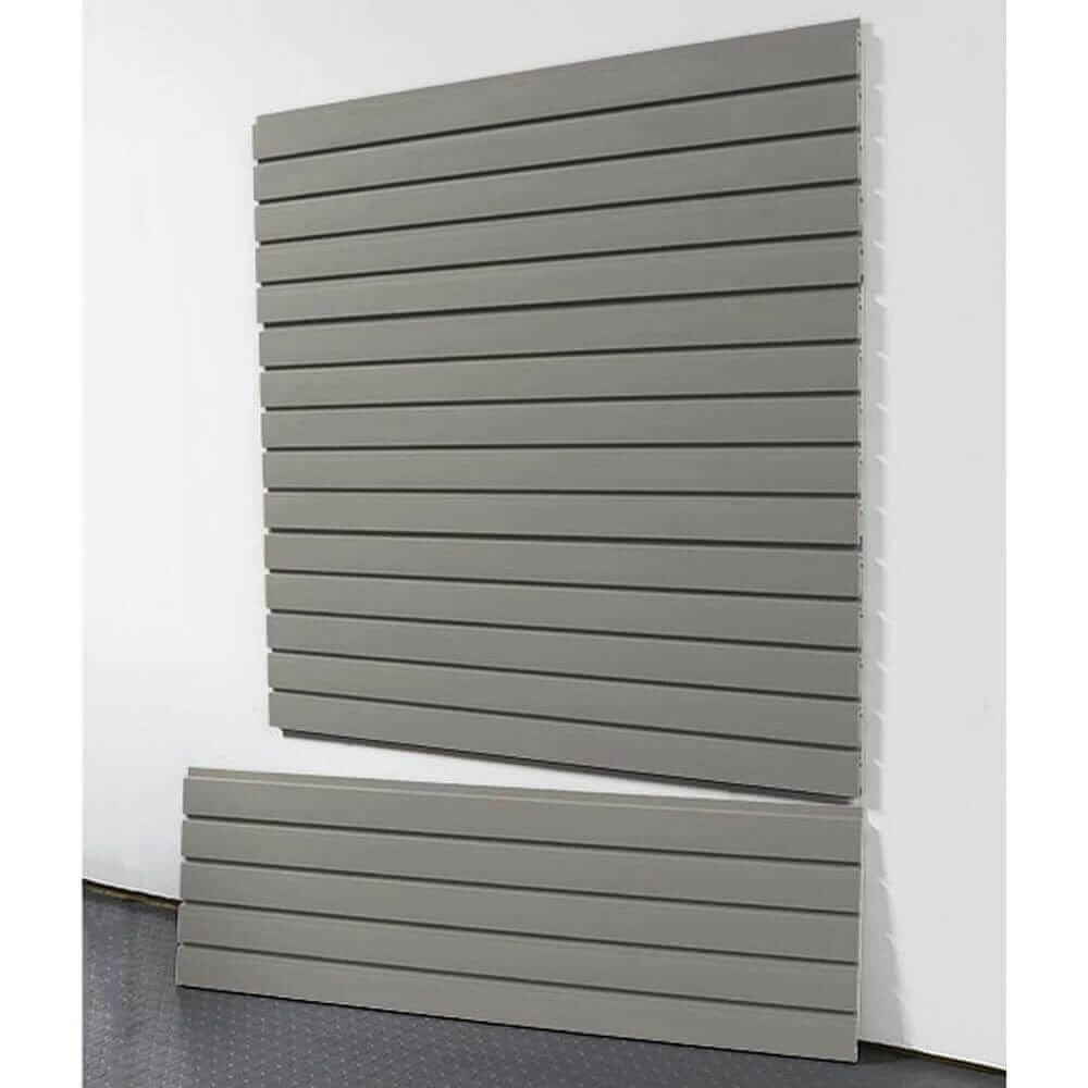 storeWALL 4' heavy duty slatwall panels in gray, ideal for garage organization and storage solutions.