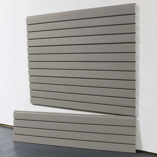 storeWALL Standard Duty slatwall panels in gray, ideal for garage organization and storage solutions.