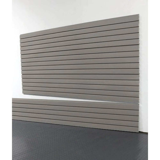 storeWALL 8' heavy duty slatwall panels in gray, ideal for garage organization and storage solutions.