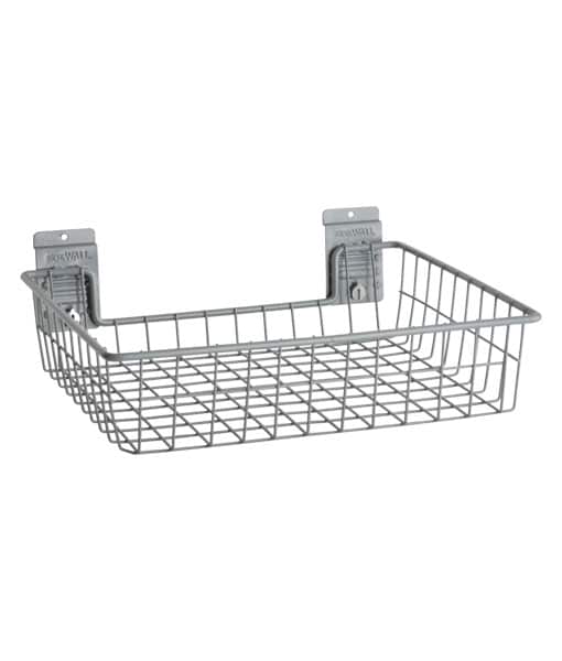 storeWALL Basic Basket, metal wall-mounted storage solution for organizing garage items.