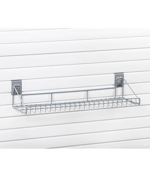 storeWALL Basic Garage Shelf Bundle; wire shelf mounted on slatwall for garage storage and organization of tools.