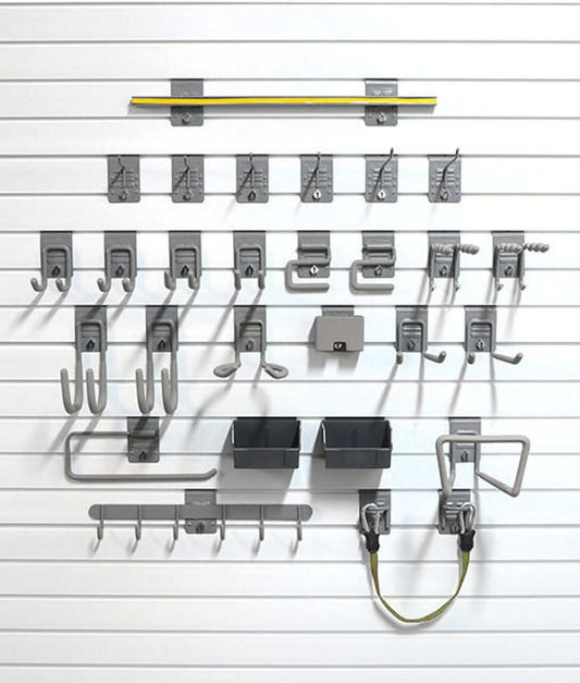 StoreWALL Deluxe Garage Hook Bundle featuring various heavy-duty hooks for tool organization. 